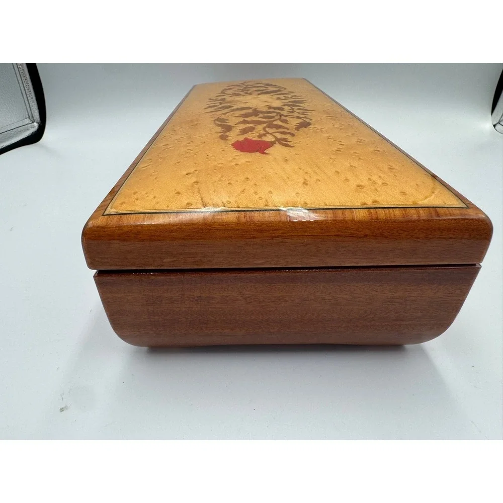Vintage Italian Marquetry Wood Jewelry Music Box Floral Inlay Swiss Movement